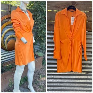 NWT Zara twist waist Front V neck Dress Silky Orange Long Sleeve Size Large